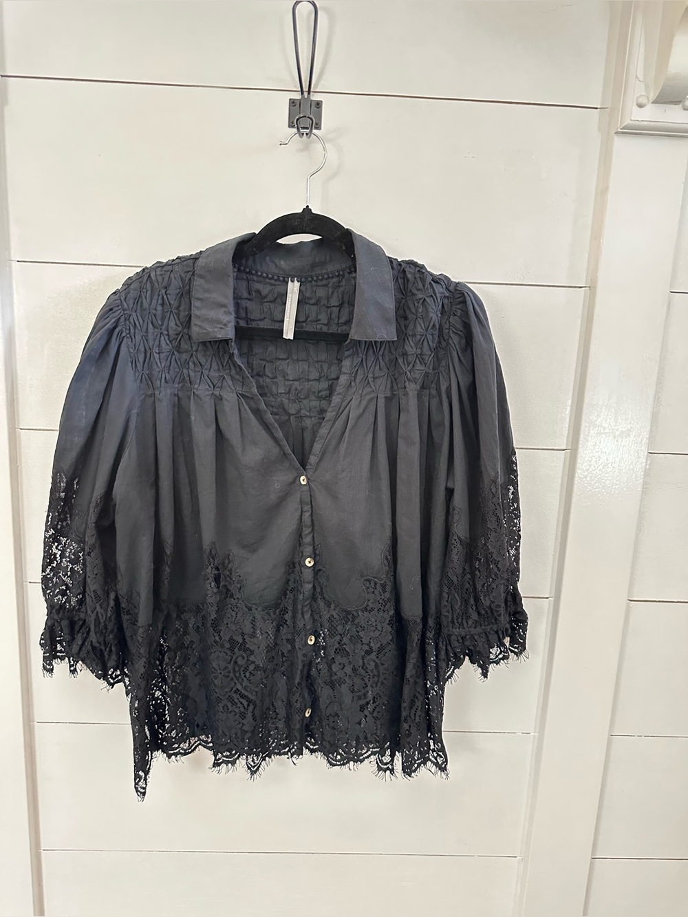 Anthropology L sheer lace black textured victorian silhouette cotton blouse - Picture 4 of 16